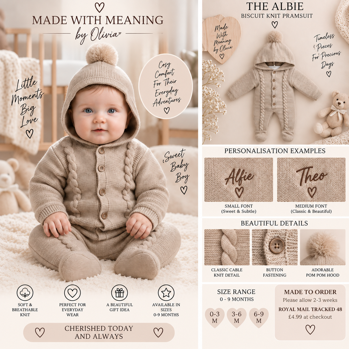 The Albie Biscuit Knit Pramsuit - Made With Meaning by Olivia