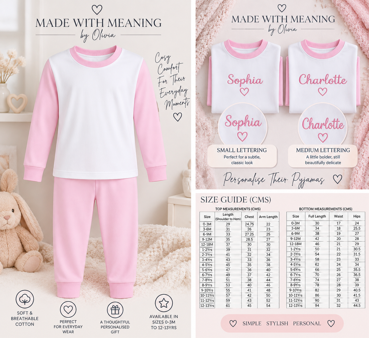 Blush Cotton Children’s Pyjamas by Made With Meaning by Olivia – pink product, personalisation examples and size guide