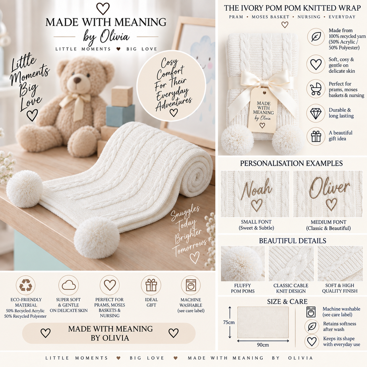 The Ivory Pom Pom Knitted Wrap - Made With Meaning by Olivia