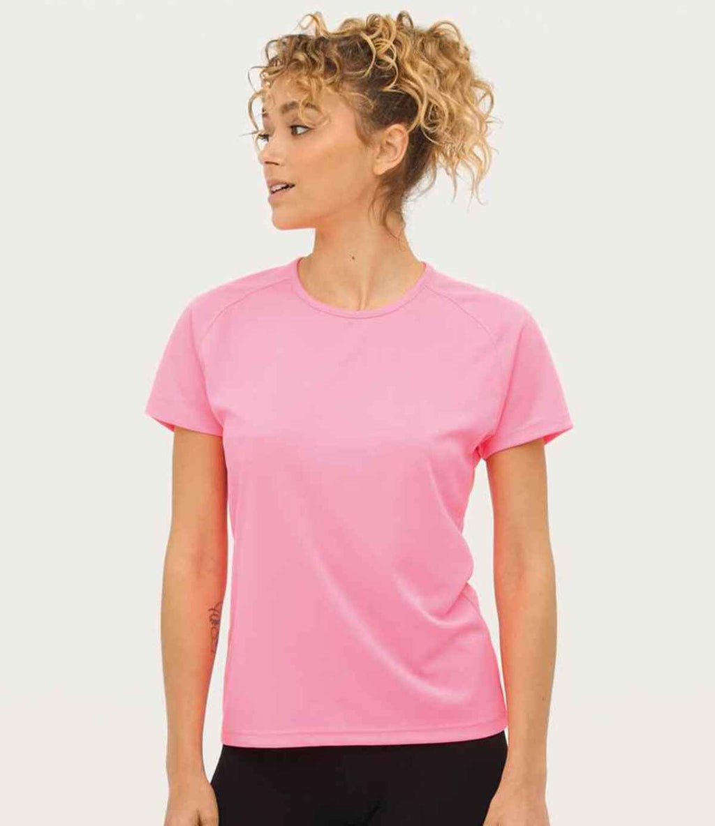 Neon pink ladies performance T-shirt model