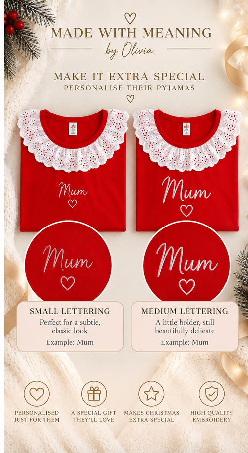 Made With Meaning by Olivia Ruby Frill Adult Christmas Pyjamas small and medium personalisation examples