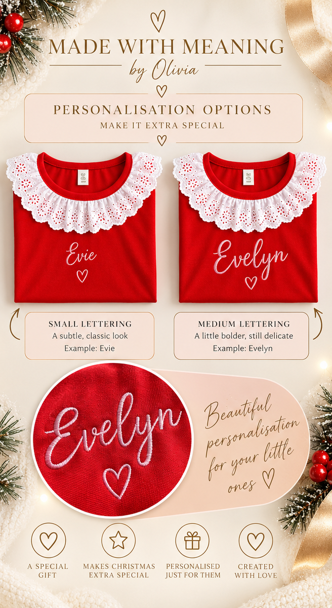 Made With Meaning by Olivia Ruby Frill Children’s Christmas Pyjamas – small and medium personalisation examples