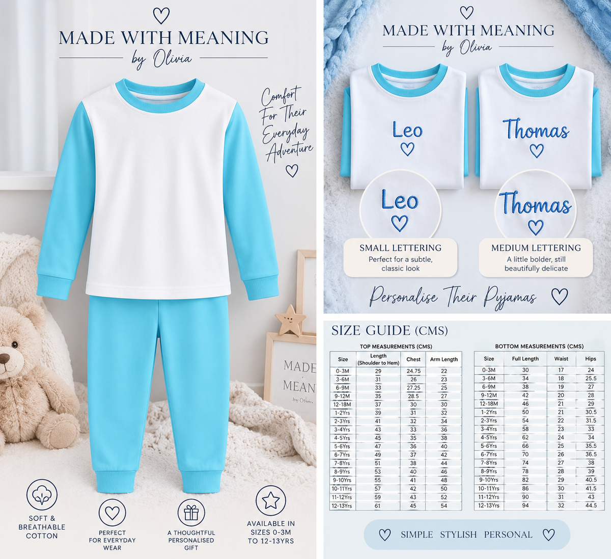 Sky Cotton Children’s Pyjamas by Made With Meaning by Olivia – blue product, personalisation examples and size guide