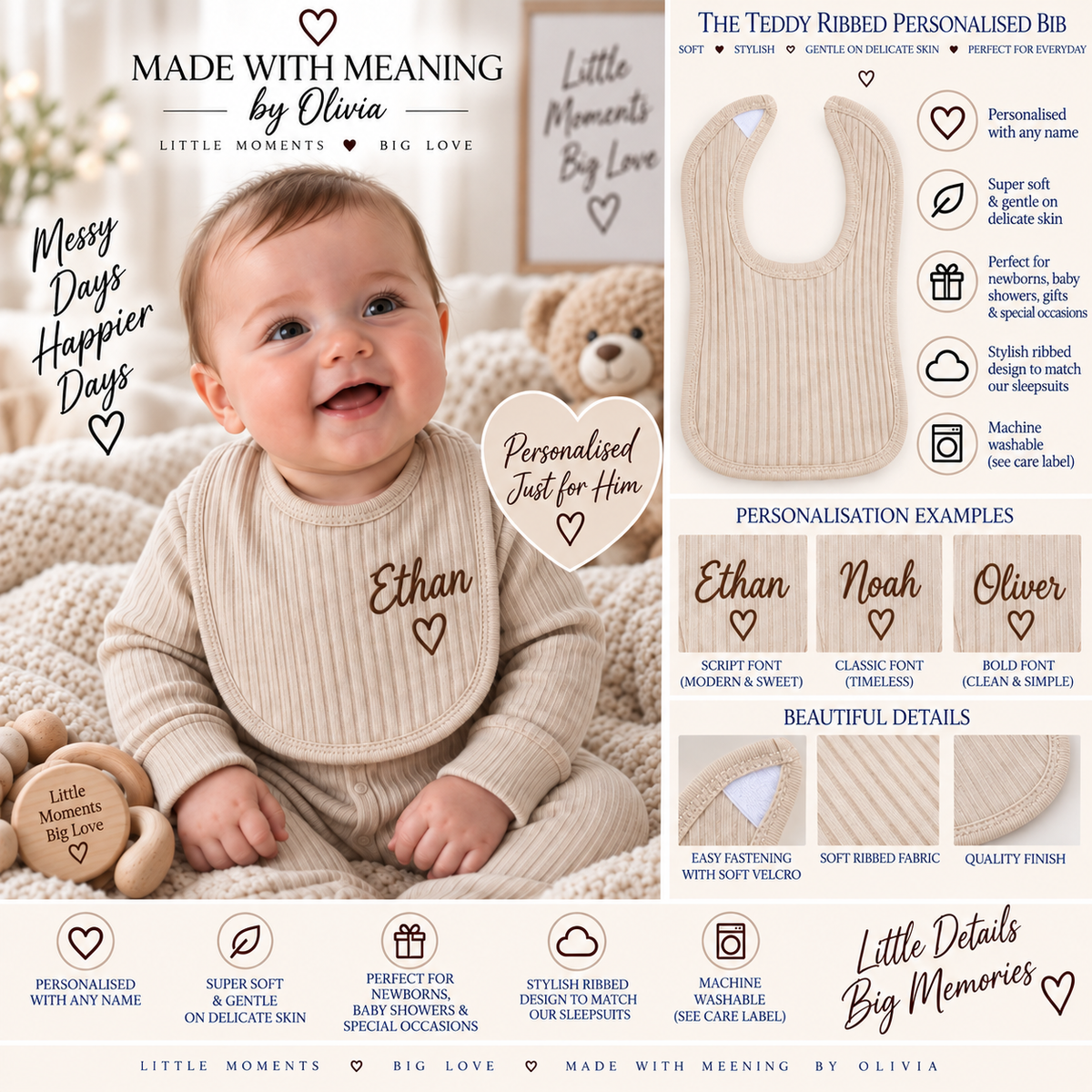 The Teddy Ribbed Personalised Bib - Made With Meaning by Olivia